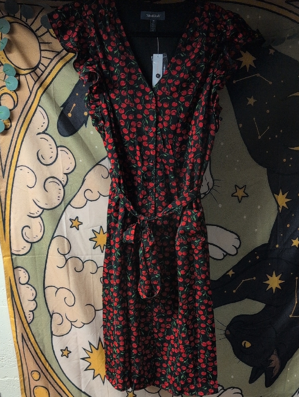 Modcloth Black Cherry-Print Midi Dress